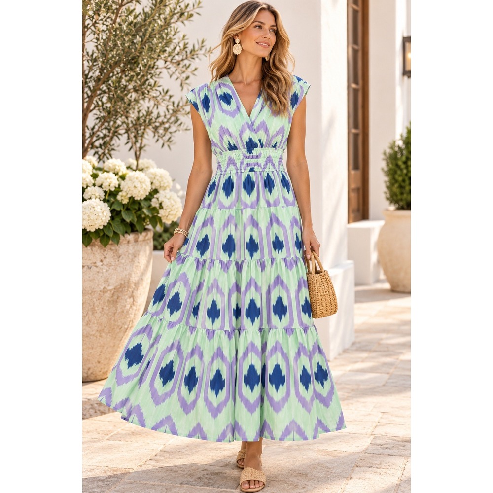Oliphant Blue Green Smocked Waist Vneck Maxi Dress (MSRP: $298) Medium